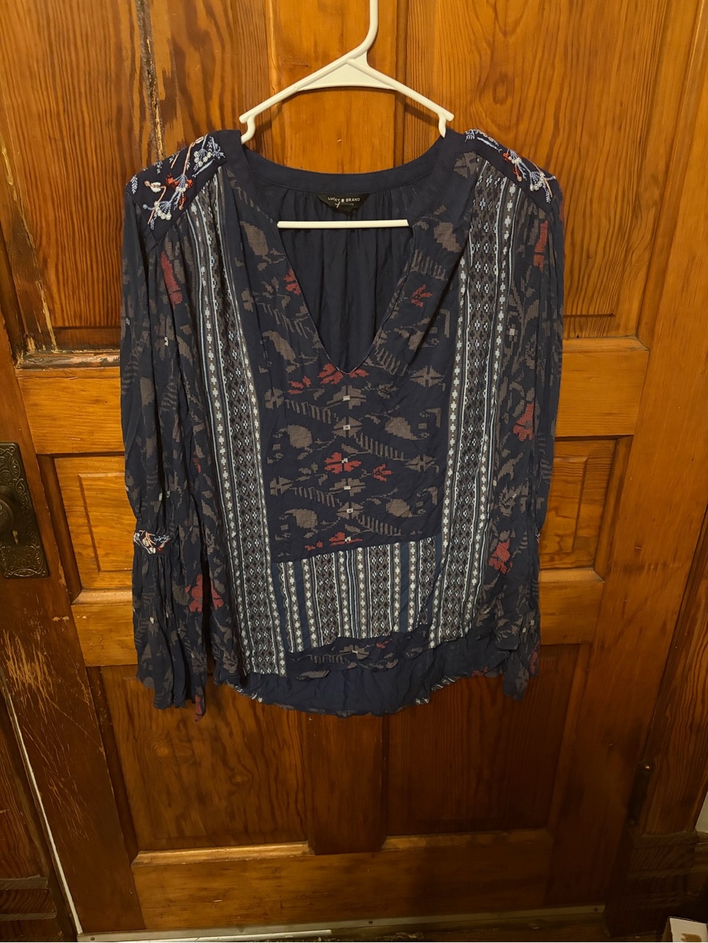 Lucky Brand Navy Floral Boho Peasant Top with Rust Accents